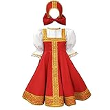 AwwwCos Kids Girl Halloween Party Bubble Dress Russian Traditional Costume Puff Sleeve Princess Dresses Headpiece