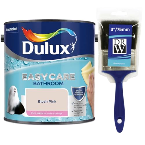 Blush Pink Dulux Easycare Bathroom Soft Sheen Paint 2.5L + 3" Emulsion Paint Brush– Moisture & Steam Resistant, Mould Protection, Washable Durable Finish for Bathroom Walls & Ceilings