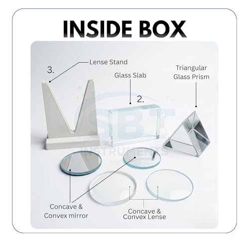 Image of SBT Optical Physics Experiment Kit | Glass Prism, Convex & Concave Lenses, Glass Slab & Mirrors Set | Light Refraction, Reflection & Dispersion | STEM Science Lab Equipment for Students | Set of 7