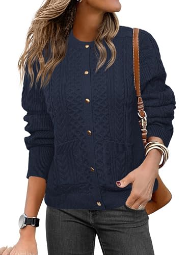 Glamaker Cable Knit Chunky Cardigan Sweater Long Sleeve Crew Neck Button Down Knit Fall Sweaters Trendy Outfits
