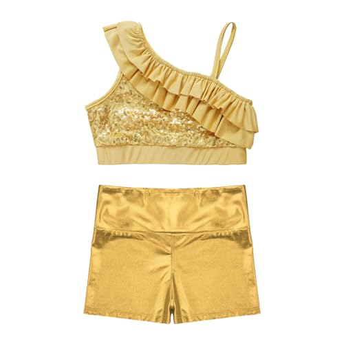 Kids Girls Metallic Dance Outfits Ruffle Hem Sports Bra Top with Booty Shorts Tracksuit for Gymnastic Gym Workout2