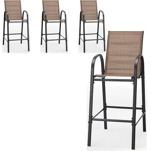 HOMREST Outdoor Bar Height Stools Set of 4,Stackable Patio Chairs with Armrests, High Back Textilene Chairs with Breathable Fabric & Metal Frame for All Weather,Brown