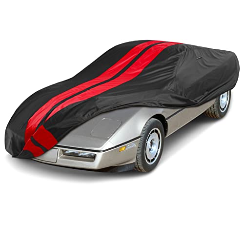 Image of Coverland Custom Car Cover Waterproof All Weather for 1983-1996 Chevy Corvette C4, Weatherproof Car Covers for Automobiles, Rain, Snow, Sun Protection, Full Exterior Covers, Stripe(Black /Red)