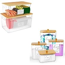 COAZEX 4 Pack Clear Laundry Pods Container and Dryer Sheet Holder,Plastic Square Laundry Room Organization and Storage Jars with Lids & 2 Pack Trash Bag Holder Under Sink Stackable
