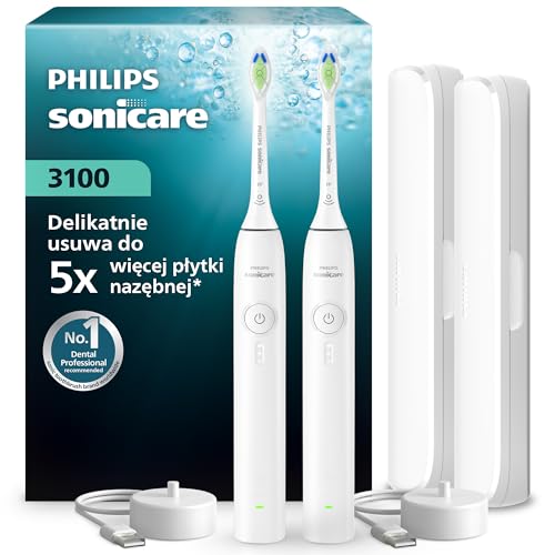 Philips Sonicare z serii 3100 – szczoteczka ze wskaźnikiem nacisku, 3 poziomy intensywności, funkcje EasyStart, SmarTimer, 14 dni użytkowania, etui podróżne, biała, dwupak, model HX4072/41, [Nowy]