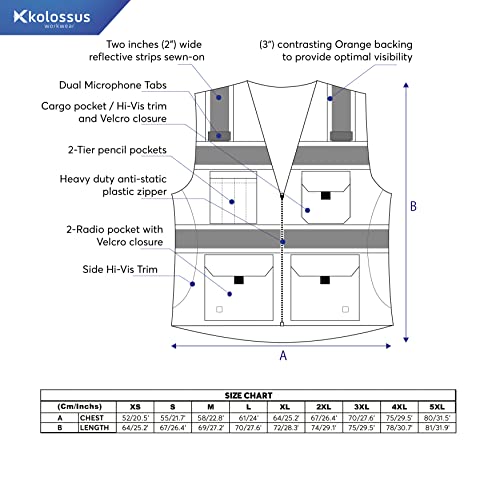 Kolossus High Visibility Mens Safety Vest Apparel With Front Pockets, Silver Orange Reflective Tape, Bottom Class 2 Ansi/Isea Black, X-Large #TOP5