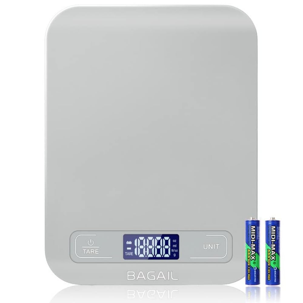 BAGAIL BASICS Digital Kitchen Scale, Premium Food Scales Weight Grams and Oz for Baking and Cooking, 11lb/5kg with 0.1oz/1g Precision Gray