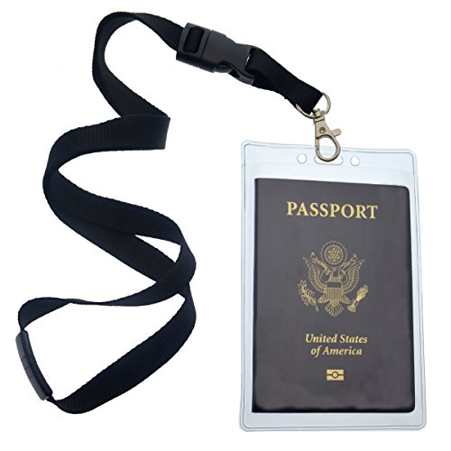 2 Pack - Clear Tear Resistant Passport ID Badge Holder with Open Top & Detachable Buckle Lanyard by Specialist ID (Black)