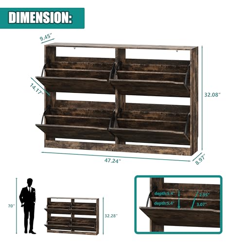 Image of Xixini Shoe Storage Cabinet for Entryway with 4 Flip Drawers, Sturdy Wood Hidden Shoe Storage, Freestanding Narrow Slim Shoe Organizer for Front Door Entrance, Living Room, Hallway, Bedroom, Brown