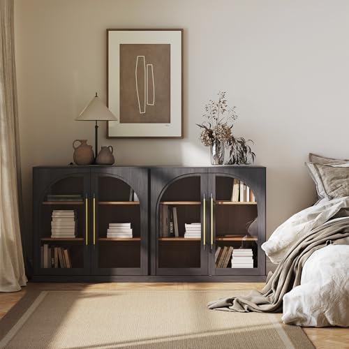 Image of BELLEZE Set of 2 Modular Sideboard with Arched Glass Door, Accent Display Buffet Cabinet with Storage and Adjustable Shelves, 65'' Classic Modern Credenza for Living Room Kitchen Entryway (Ebony)