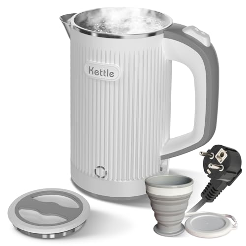 Emooncn Portable Electric Kettle with Folding Mug,800ML Travel Kettle Kettles Electric Fast Boil Quiet Stainless Steel Small Kettle Low Wattage Kettle,Auto Shut-Off,Boil-Dry Protection (White)