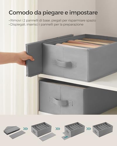 SONGMICS Set di 6 Organizzatori per Armadio a 6 Scomparti, Scatole per Biancheria Pieghevoli, Contenitori per Guardaroba, 42 x 30 x 17 cm, per Pantaloni, Vestiti, Grigio Tortora RUS009G03 - Immagine 5