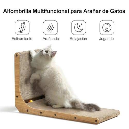 FUKUMARU Rascador para Gatos en Forma de L, 68 cm Rascador de cartón para Gatos con Juguete de Bola para Gatos de Interior, Talla Grande 2 Especificaciones del producto: tamaño en forma de L: 68 x 42 x 29 cm, grosor del cartón: 4 cm.
Irresistible para los gatos: las almohadillas rascadoras para gatos pueden ayudar a proteger tus muebles de daños en las garras, reduciendo los arañazos no deseados de otros objetos domésticos. Nuestro rascador ofrece a tu gato una gran diversión y protege tus muebles
Diseño único: el rascador en forma de L proporciona no solo ahorrar espacio, sino también un lugar para que los gatos descansen y lo conviertan en un rascador de pared para gatos (vertical), sala de estar para gatos (horizontal) o casa para gatos (propenso).