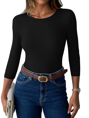Womens 3/4 Sleeve Tops Ribbed Knit Slim Fitted Tight Shirts Crewneck Basic Tee Tshirt 2025 Fall Casual Outfits2
