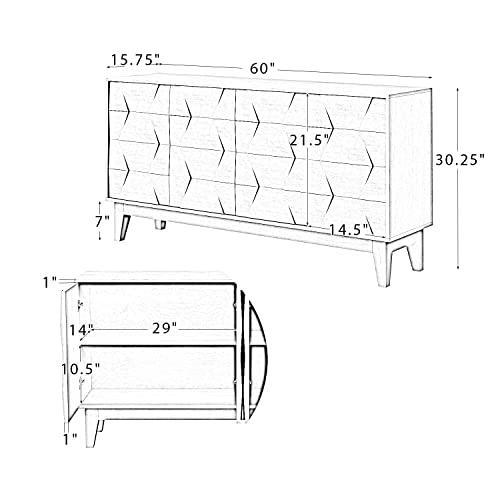 Hulala Home Modern Sideboard Buffet Cabinet With Solid Wood Legs, 60" Kitchen Storage Cabinet Credenza With 4 Doors And 2 Interior Shelves, Accent Console Table For Dining Room And Living Room, White #TOP1