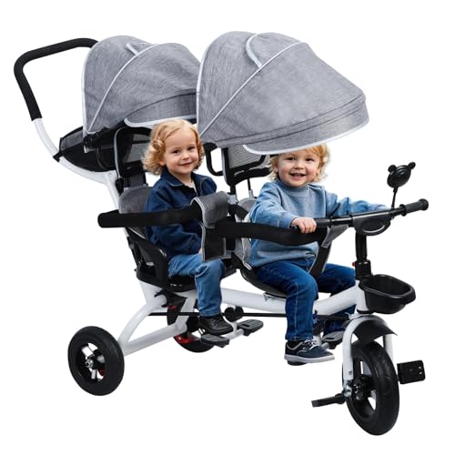 Cochecito triciclo tándem – Asiento doble con toldo para niños de 2 a 8 años, cochecito doble ligero y duradero para un fácil transporte y comodidad