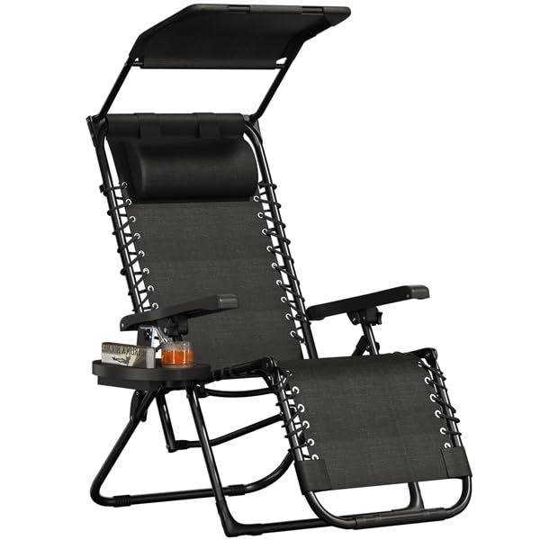 Yaheetech Sdraio da Spiaggia Pieghevole con Parasole, Cuscino Poggiatesta Removibile, Portabicchieri, Sdraio da Giardino con Schienale Regolabile, Spiaggia, Lettino da Sole (1, Nero)
