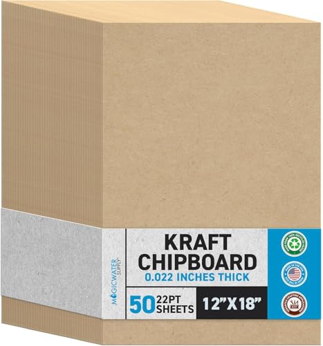MagicWater Chipboard Sheet for DIY Projects - 12x18 Inch - 50 Pack - 22 pt - Heavy Duty Kraft (0.022 Inch Thick) Paperboard, for Scrapbooking, Books, Picture Frame Backing, Arts Project & Crafts
