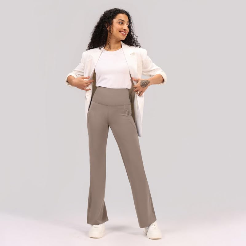 Image of BlissClub Ultimate Flare Pants for Women Upto 5'4 ft | Ribbed Waistband, 4 Pockets | High Waist Trousers and Formal Pants for Office wear