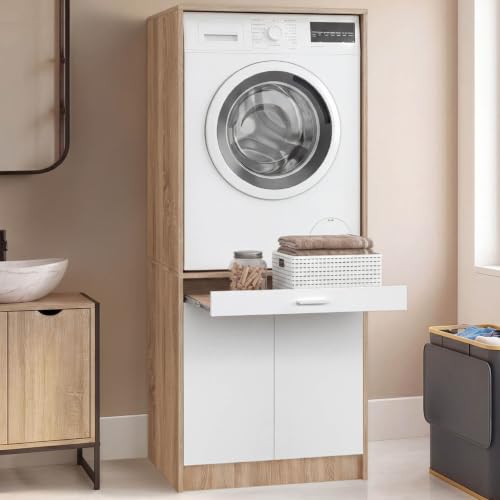 Meuble réhausseur machine à laver ou sèche linge WALLIS plateau coulissant pour panier à linge et placard bois et - vue 3