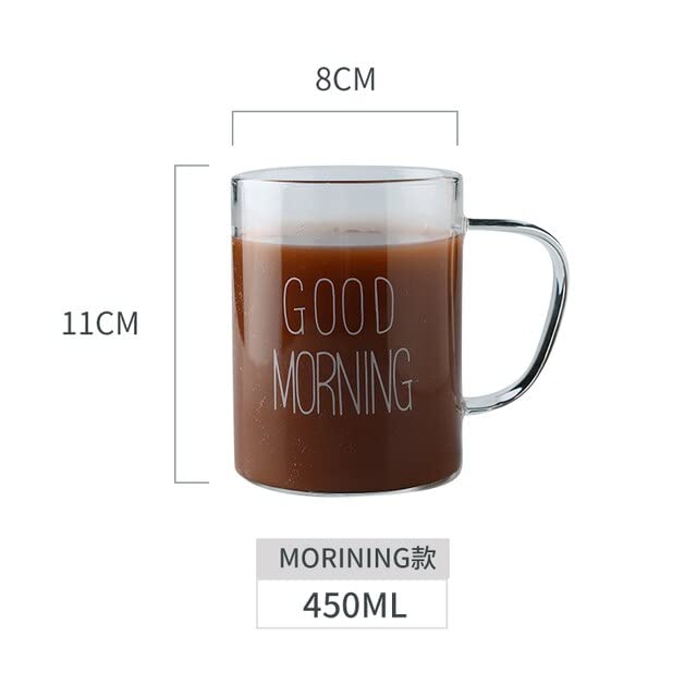 2 Adet Cam Kupa Kulplu Bardak Büyük Boy Good Morning Borosilikat Isıya Dayanıklı Cam Kupa 450 ml