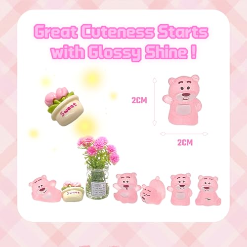 Oiumhru Mini Dashboard Decorations for Car, 7 Pcs Pink Bear Vehicle Decor Set, Cute Glow in The Dark Dashboard Accessories with Daisy Flower, Adorable Stress Relief Ornaments, Car Interior Decoration