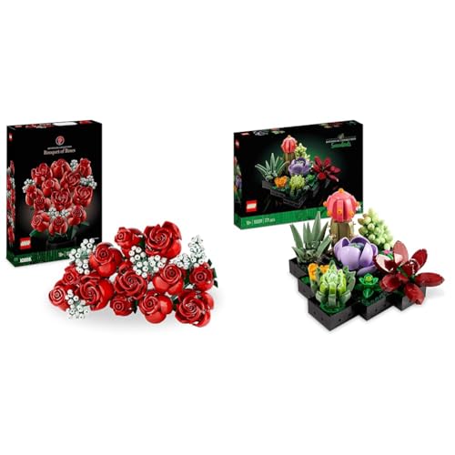 LEGO Icons Succulents Artificial Plants Set 10309 + Bouquet of Roses 10328, Artificial Flowers Set for Adults, Botanical Collection, Home Décor Accessories, Gifts for Women, Men, Her or Him, Relaxing