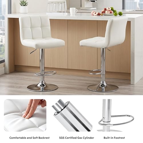 Image of HealSmart Bar Stools Set of 2, 24 inch Counter Height Stools, Modern Upholstered Kitchen Island Chairs with Sturdy Metal Base, PU Leather Saddle Seat Barstools, White
