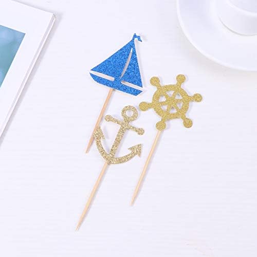 Kisangel 24 Pcs Cupcake Toppers Nautical Cake Topper Anchor Boat Cake Picks Cake Toppers for Festival Party Banquet Birthday