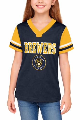 Outerstuff MLB Officially Licensed Youth Girls 7-16 Team Color Baseball Henley Fashion Jersey - Milwaukee Brewers Navy - Medium 10/12