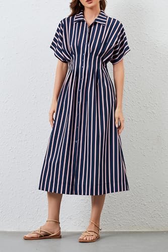 Image of Women's Striped Button Front Pleated Maxi Shirts Dress Short Sleeve Collar V Neck Summer Casual Corset Long Dress