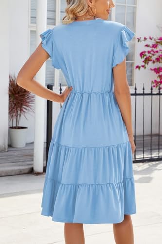 Image of Womens Summer Dress Ruffle Sleeve V Neck Midi Dresses Casual Fit Flowy Tiered Boho Beach Vacation Sundress