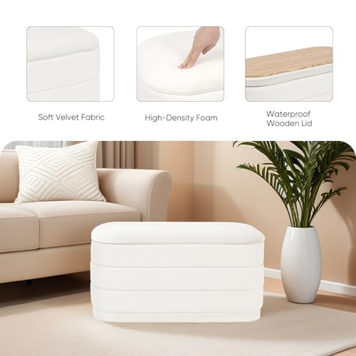 Image of 30 inch Velvet Storage Ottoman Bench with Wooden Tray Lid, Folding Large Upholstered Ottoman Footstool for Living Room, Rectangular Padded Foot Rest for Bedroom Living Room Dorm, White