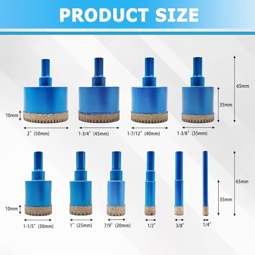 LITDDDW 10 Pack Diamond Hole Saw Kit,Serrated Brazed Tile Hole Saw Kit,Dry & Wet Diamond Core Drill Bit Set(1/4\" to 2\") for Ceramic,Porcelain Tile,Granite,Marble,Stone