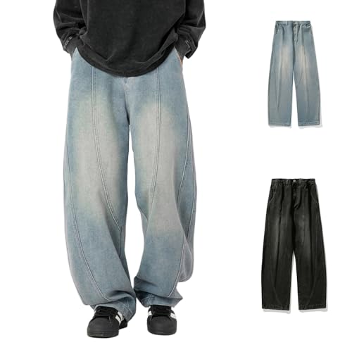 Mens Baggy Jeans Y2k Wide Leg Barrel Jeans Hip Hop Vintage Streetwear Loose Quilted Casual Denim Pants Trousers