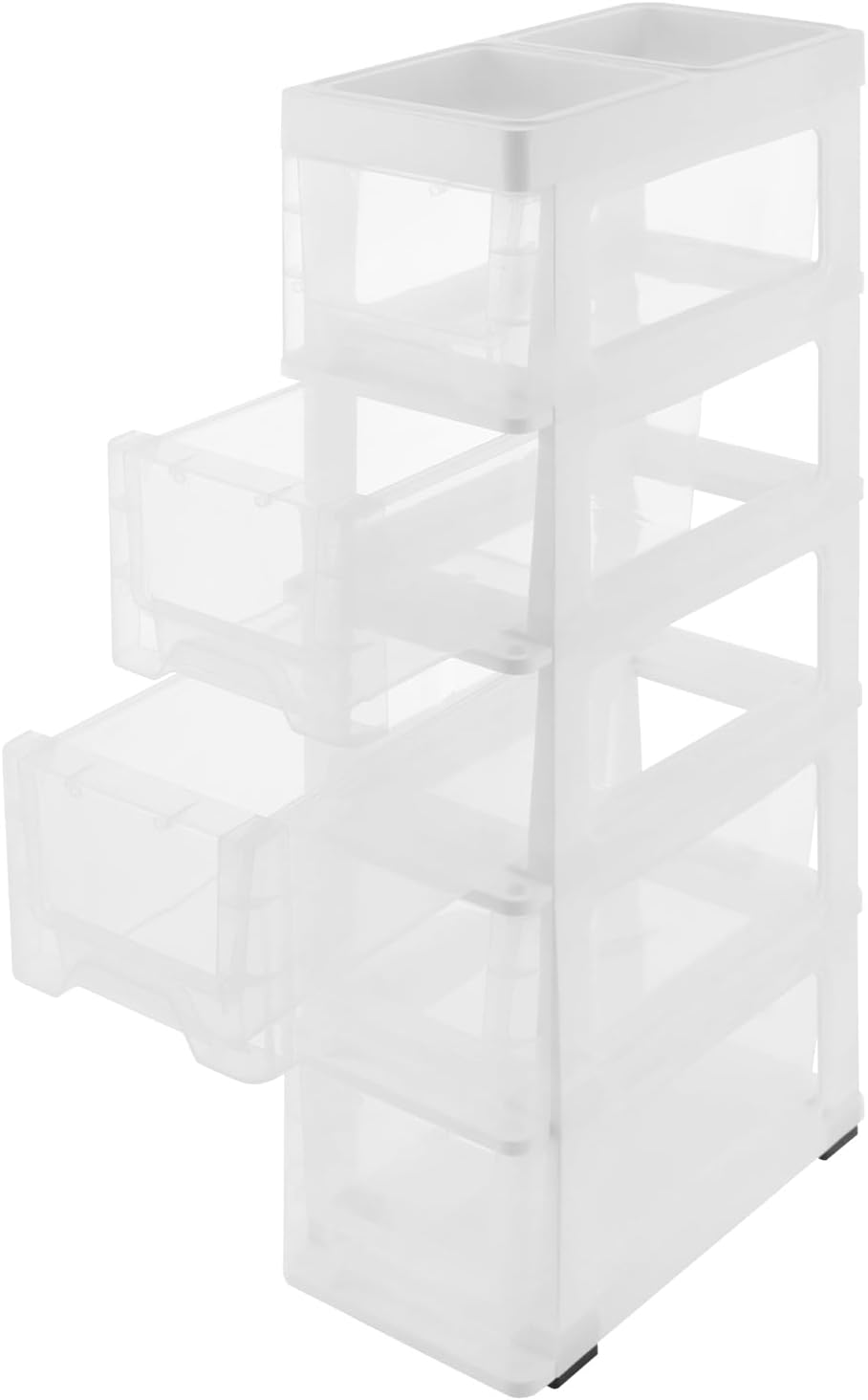 5 Drawers Storage Cabinet, Floor Standing Cabinet with Top Notch Storage Space, Rolling Narrow Cabinet with Drawer and Wheel, for Toilet, Kitchen, Bathroom (White+Clear)