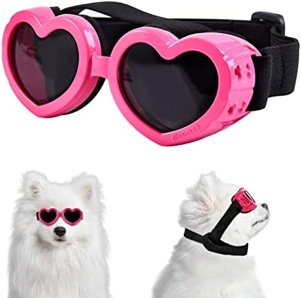 Suxible Dog Goggles Small Breed Dog Sunglasses, UV Protection Heart Shape Dog Sunglasses with Adjustable Strap, Waterproof Goggles for Dogs Doggy Pet Puppy Sun Glasses Doggie Windproof Glasses-Pink