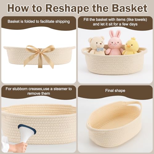 Image of Basket for Gifts Empty, Small Woven Basket with Bags and Ribbons, Baby Toy Baskets with Handles, Wicker Storage Bin for Baby Showers or Pet Toy (Creamy White, 1 Pack (12 inchx 8 inchx 3.74 inch))