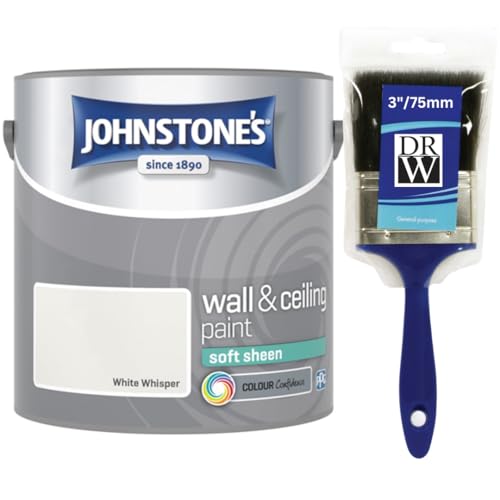 White Whisper Johnstone’s Wall & Ceiling Soft Sheen Paint 2.5L + 3" Brush – Subtle Sheen Finish, Durable & Washable, Quick Dry, Low Odour Interior Paint for Walls & Ceilings
