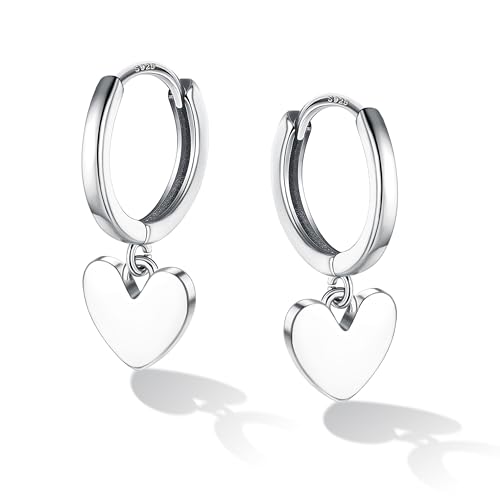Chriscoco Pendientes Aro Corazón de Plata de Ley 925 Hipoalergénico Pendientes de Aro con Colgante de Corazón Aretes Pequeños Huggie para Niñas Mujer