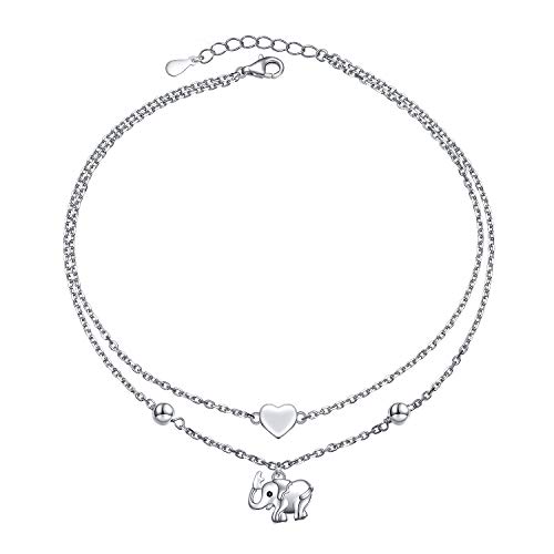 Image of Flyow Anklet for Women S925 Sterling Silver Adjustable Foot Beaded Heart Charm Ankle Bracelet Anklets Jewelry