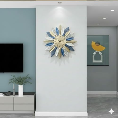 Image of European Style Luxury Analog Metal Build Design Decorative Wall Clock Perfect for Home and Office /Hotel /Restaurant /Living Room Decoration /Durable /Aesthatic Looks (Blue Petal Clock)