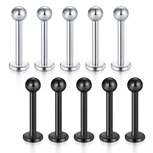 Briana Williams 10 piezas de acero inoxidable Lip Labret Stud Tragus Helix Cartílago Stud Bar Piercing joyería de plata y negro