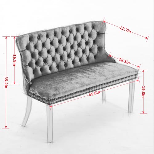 Image of 45.6''Velvet Dining Bench, Button Tufted Upholstered Dining Table Bench with Wing Highback, Nailhead Decoration, Small Loveseat Sofa with Silver Stainless Steel Legs, Mid Century Modern Seating, Blue