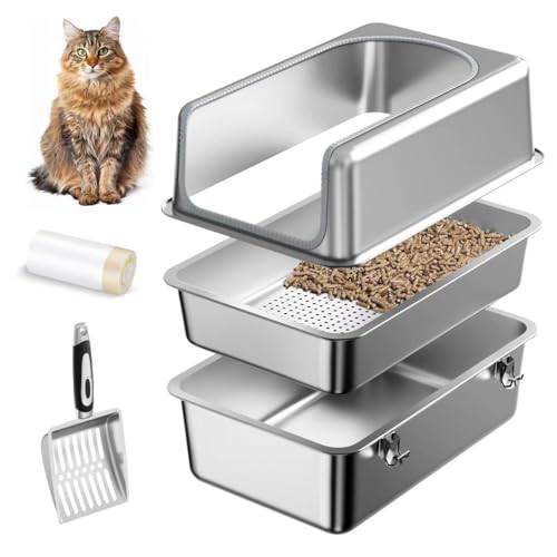 XL All Stainless Steel Sifting Litter Box with Lid,Sifting Cat Litter Box for Pine Pellets,High Sides Metal Sifter Litter Pan System for Big Cats,Odor Control,Easy to Clean