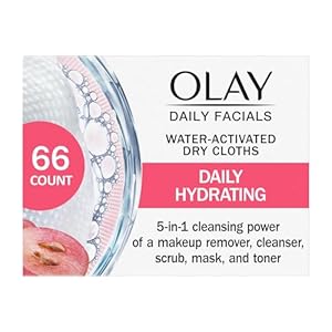Olay Daily Facials, Daily Clean Makeup Removing Facial Cleansing Wipes, 5-in-1 Water Activated Cloths, Exfoliates, Tones and Hydrates Skin, 66 count
