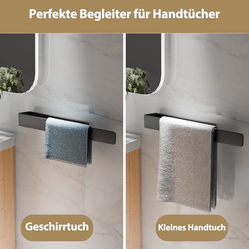 Aikzik Handtuchhalter, Handtuchhalter ohne Bohren, Aluminium Vollmetall Handtuchstange für Bad & Küche, Schwarz matt