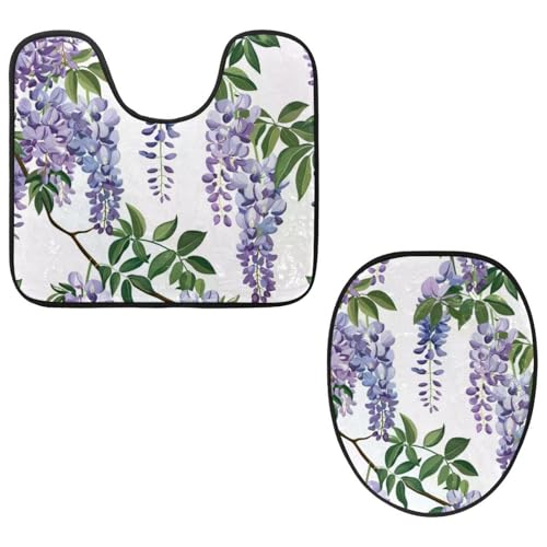 MUOOUM Toilet Lid Cover and U-Shaped Toilet Floor Mat Set of 2 Pieces, Wisteria Flower Pattern Toilet Mat Set, Machine Washable Seat Covers Non-Slip Absorbent Rugs