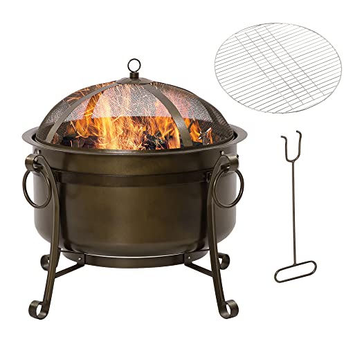 Outsunny 30" Outdoor Fire Pit Grill, Portable Steel Wood Burning Bowl, Cooking Grate, Poker, Spark Screen Lid For Patio, Backyard, Bbq, Camping, Bronze Colored #TOP10