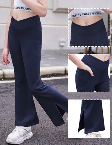 Zaclotre Girls' Flare Leggings with Split Hem Cross High Waist Yoga Bootcut Athletic Kid Bell Bottom Pants with Pockets2